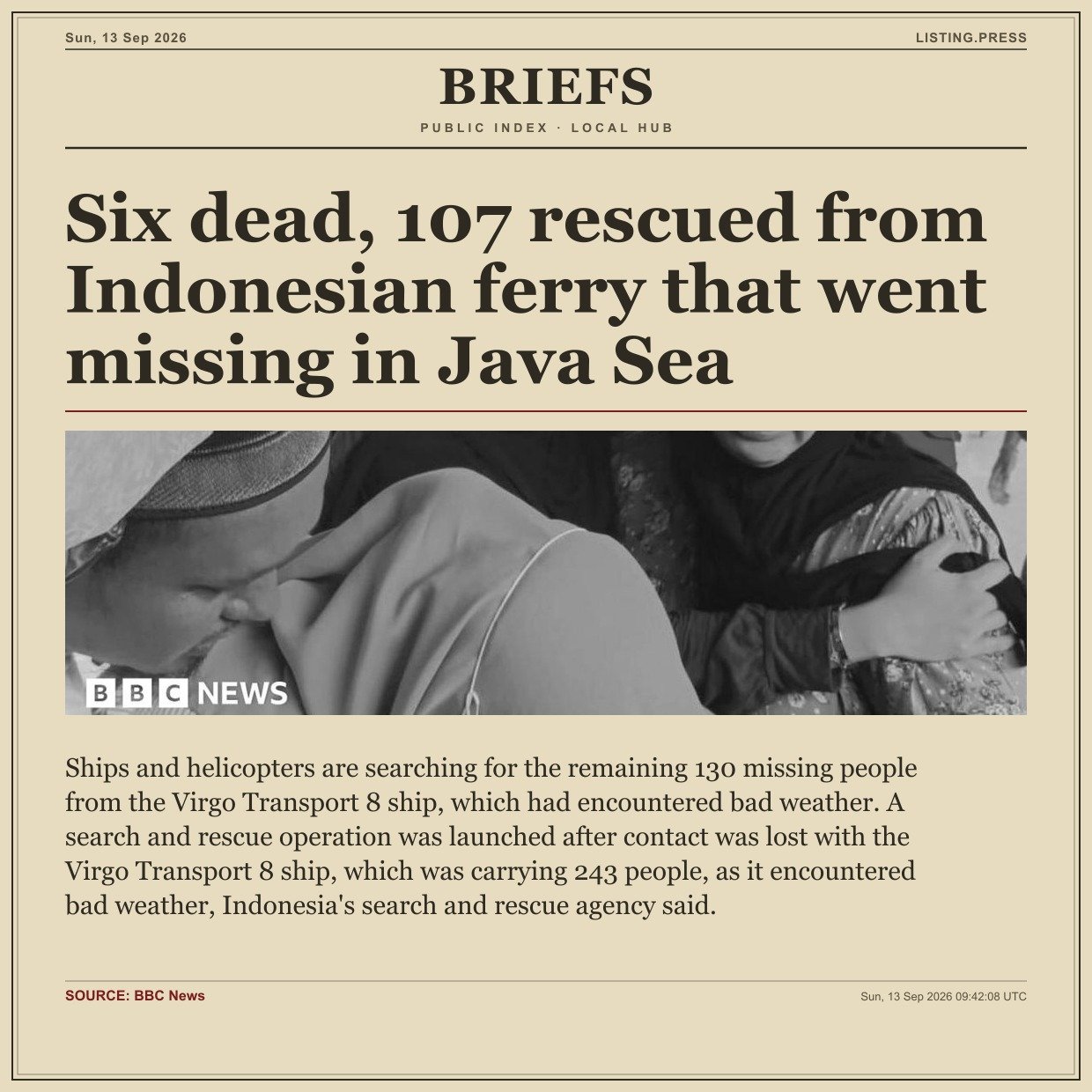 Six dead, 107 rescued from Indonesian ferry that went missing in Java Sea