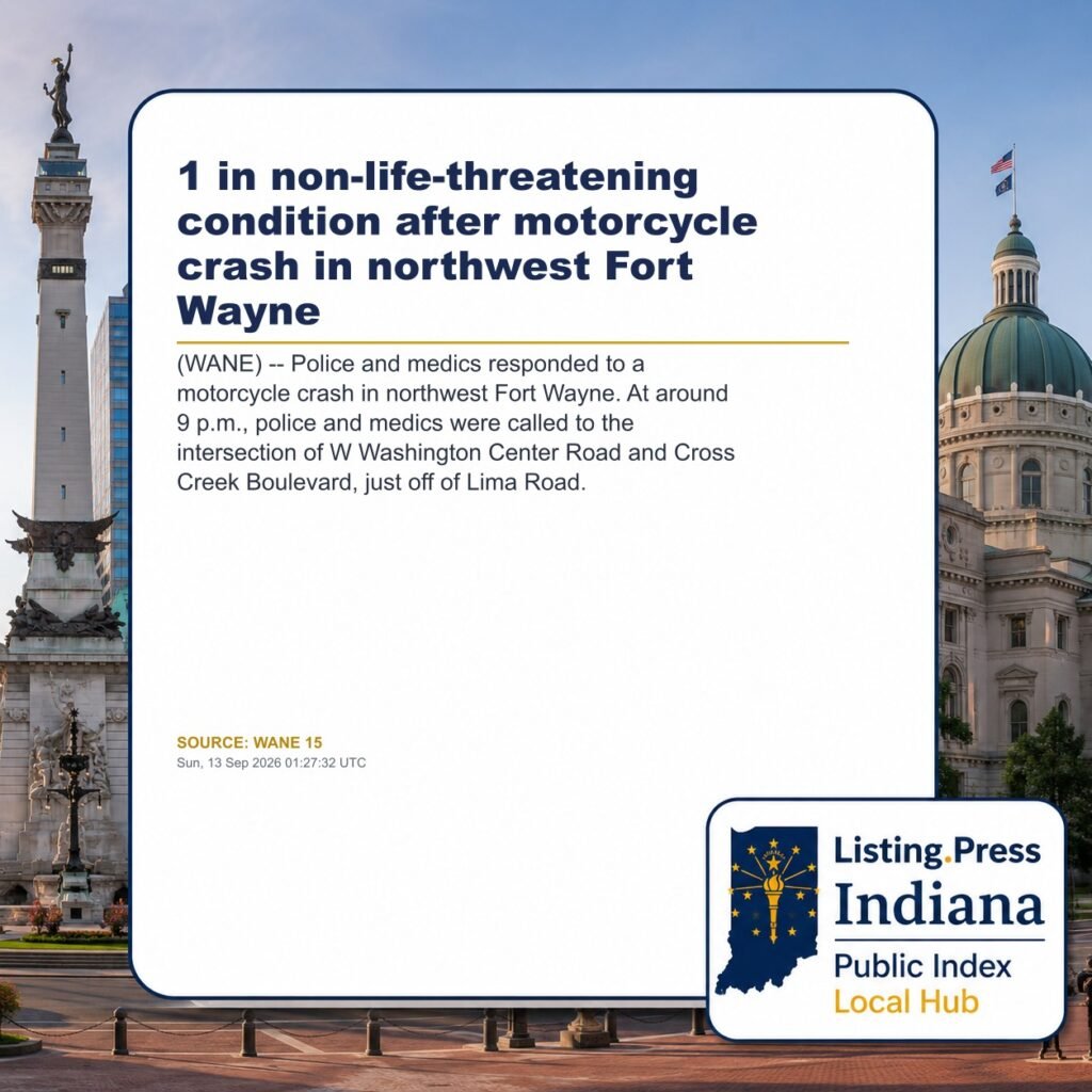 1 in non-life-threatening condition after motorcycle crash in northwest Fort Wayne