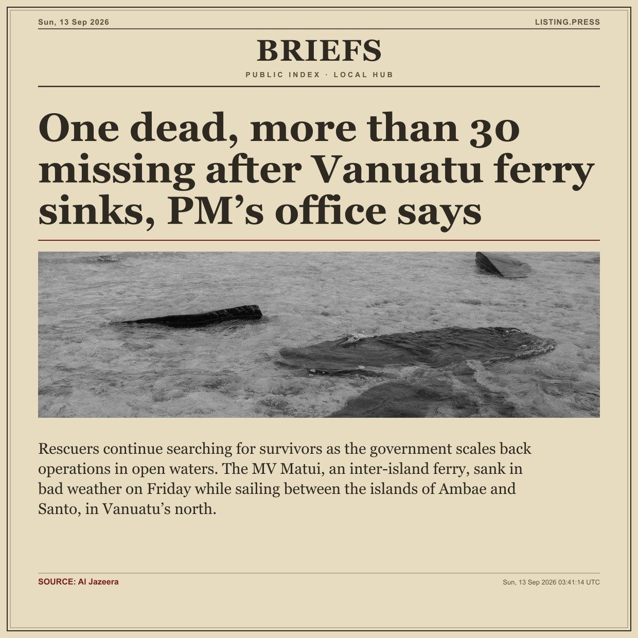 One dead, more than 30 missing after Vanuatu ferry sinks, PM’s office says