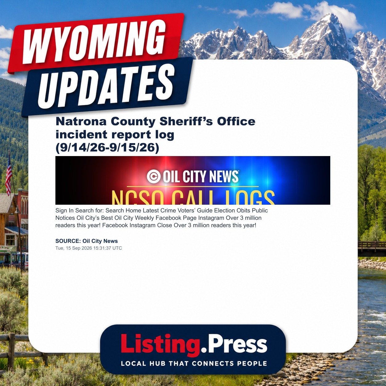 Natrona County Sheriff’s Office incident report log (9/14/26-9/15/26)