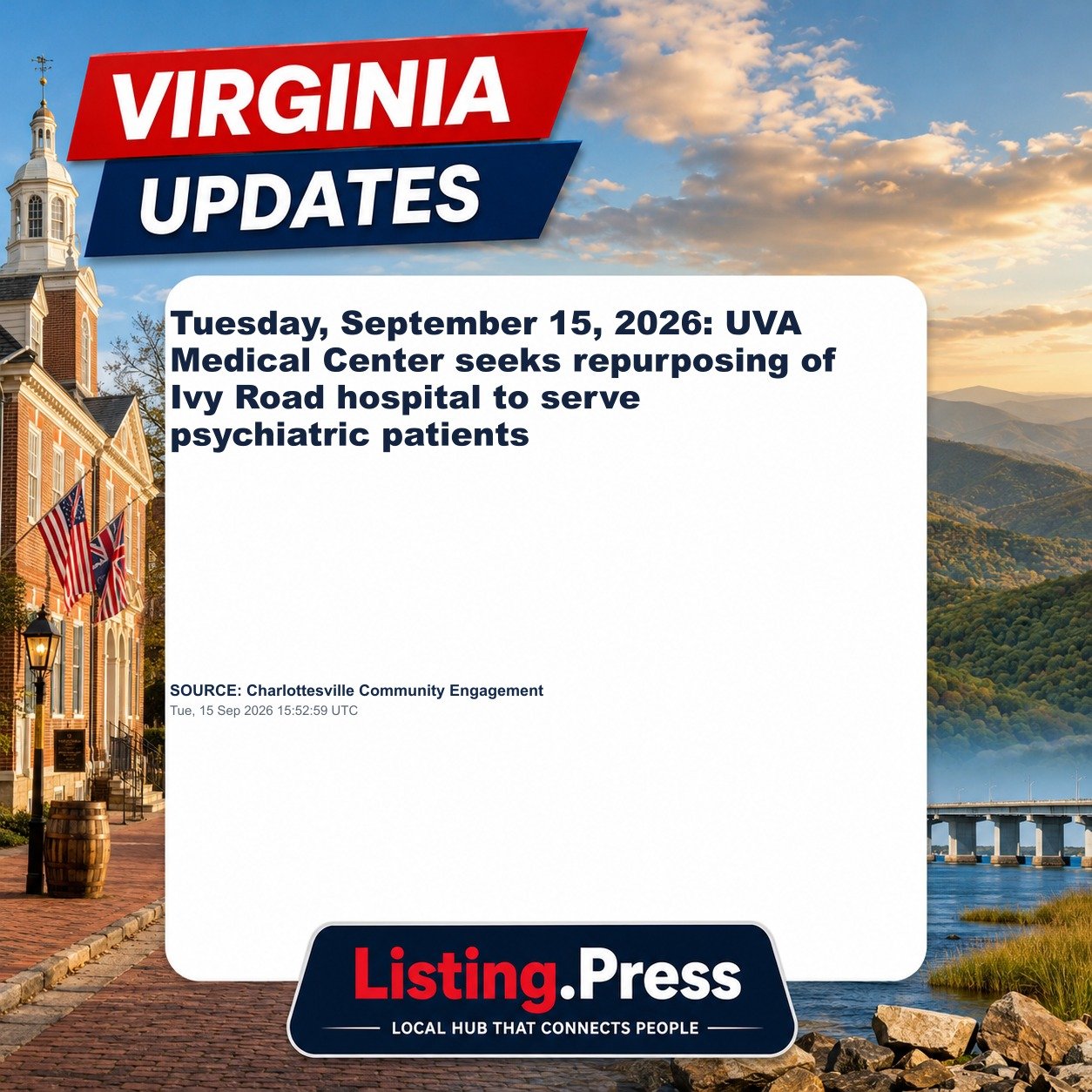 Tuesday, September 15, 2026: UVA Medical Center seeks repurposing of Ivy Road hospital to serve psychiatric patients
