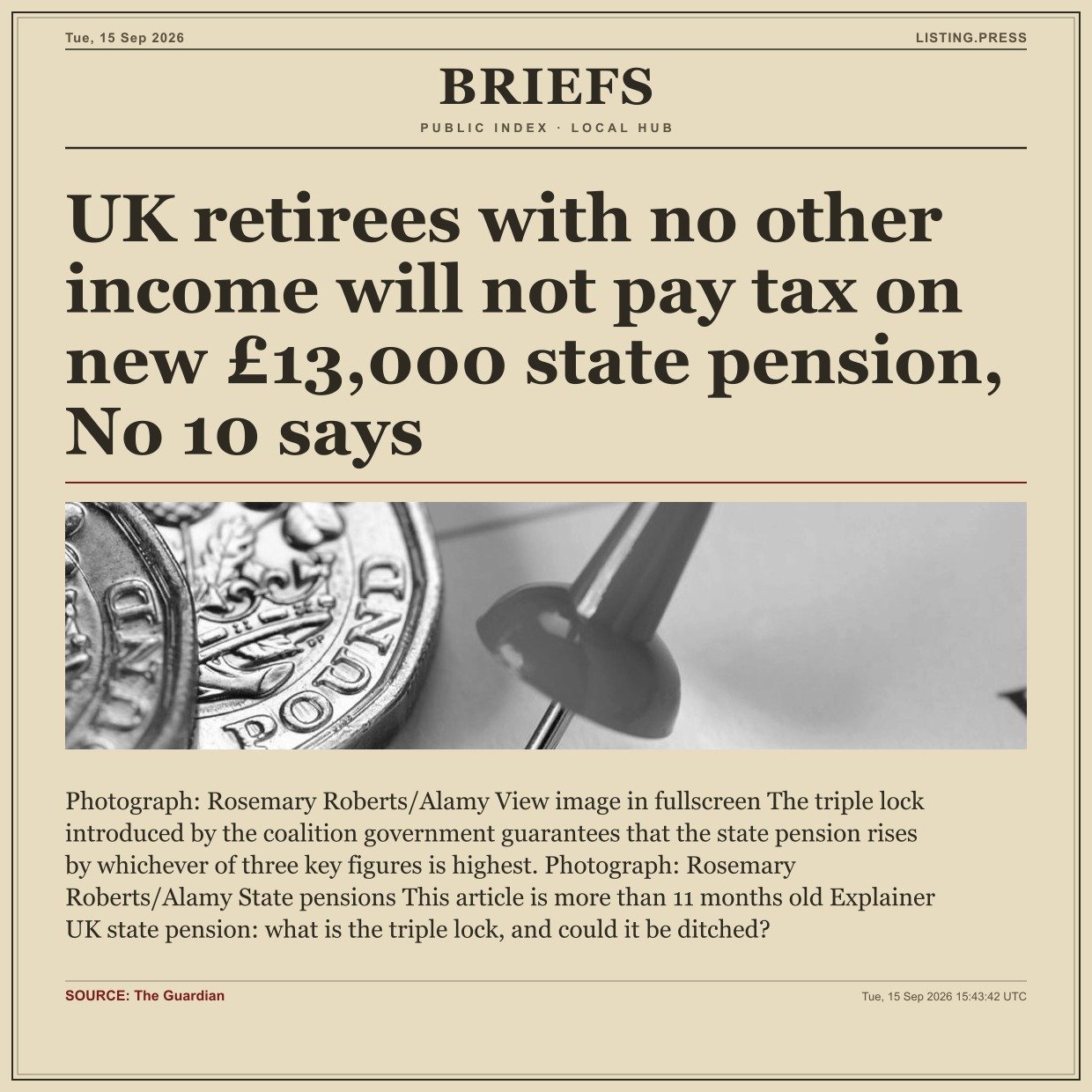 UK retirees with no other income will not pay tax on new £13,000 state pension, No 10 says