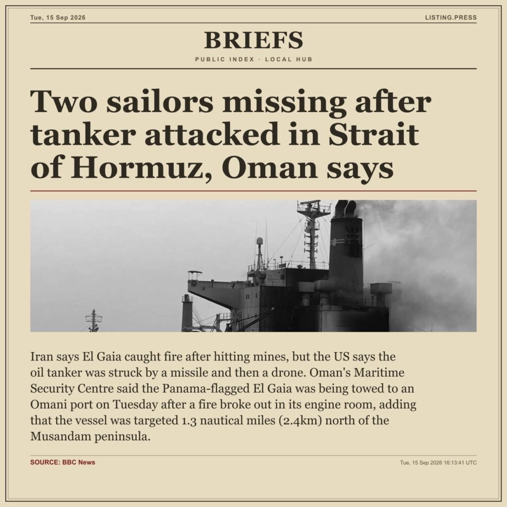 Two sailors missing after tanker attacked in Strait of Hormuz, Oman says