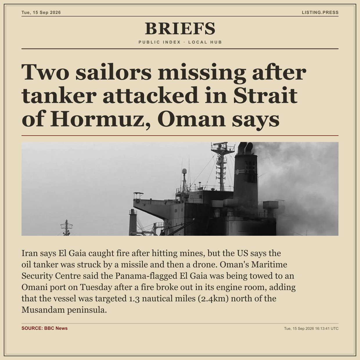 Two sailors missing after tanker attacked in Strait of Hormuz, Oman says