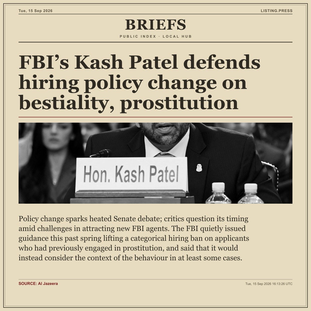 FBI’s Kash Patel defends hiring policy change on bestiality, prostitution