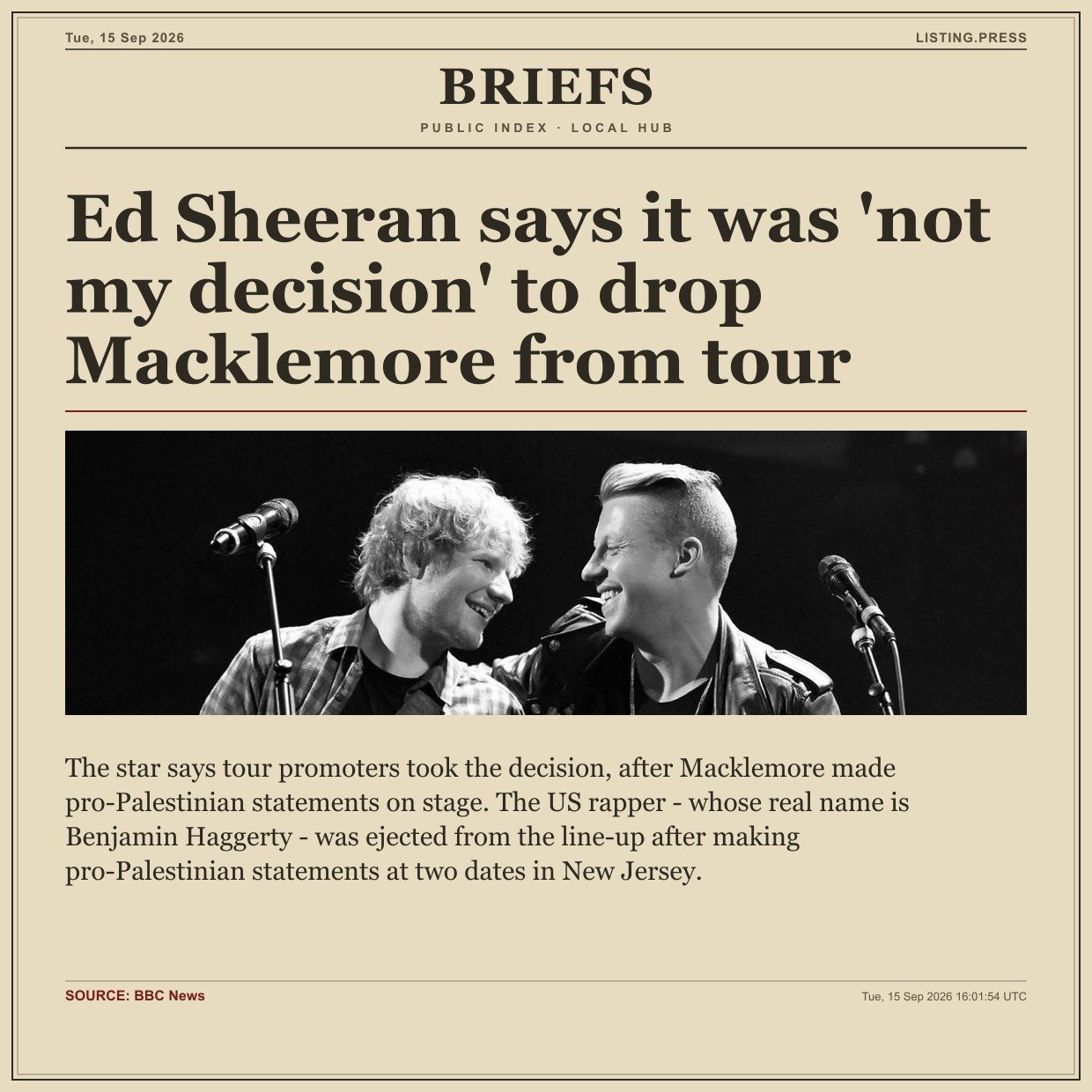 Ed Sheeran says it was 'not my decision' to drop Macklemore from tour