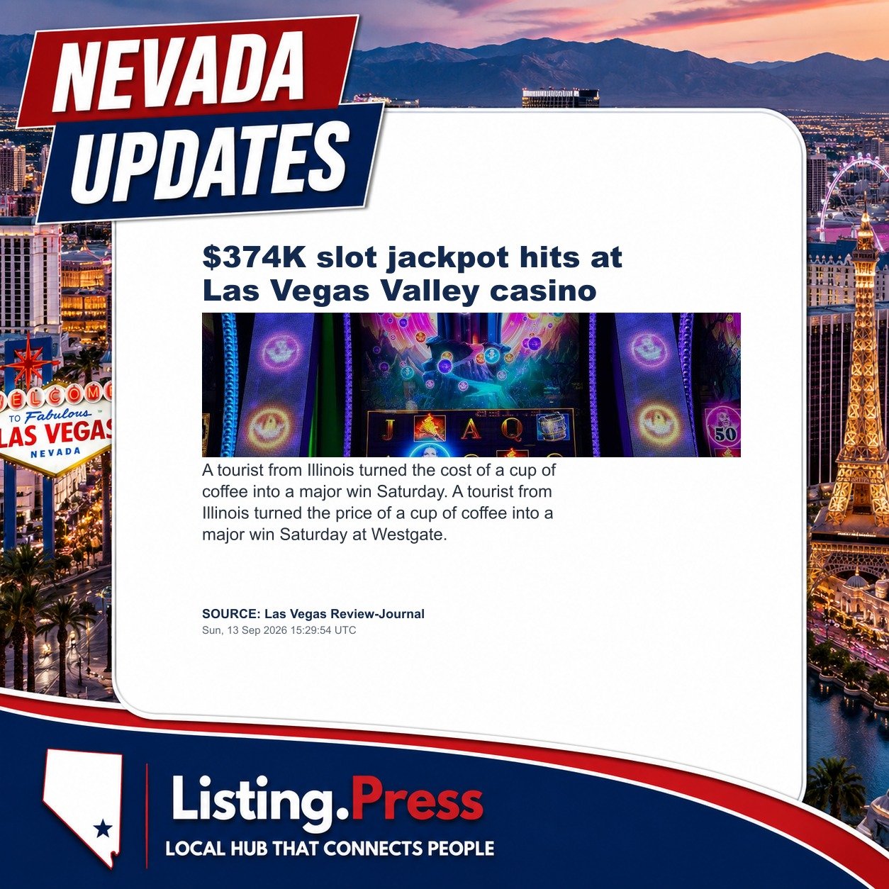 $374K slot jackpot hits at Las Vegas Valley casino