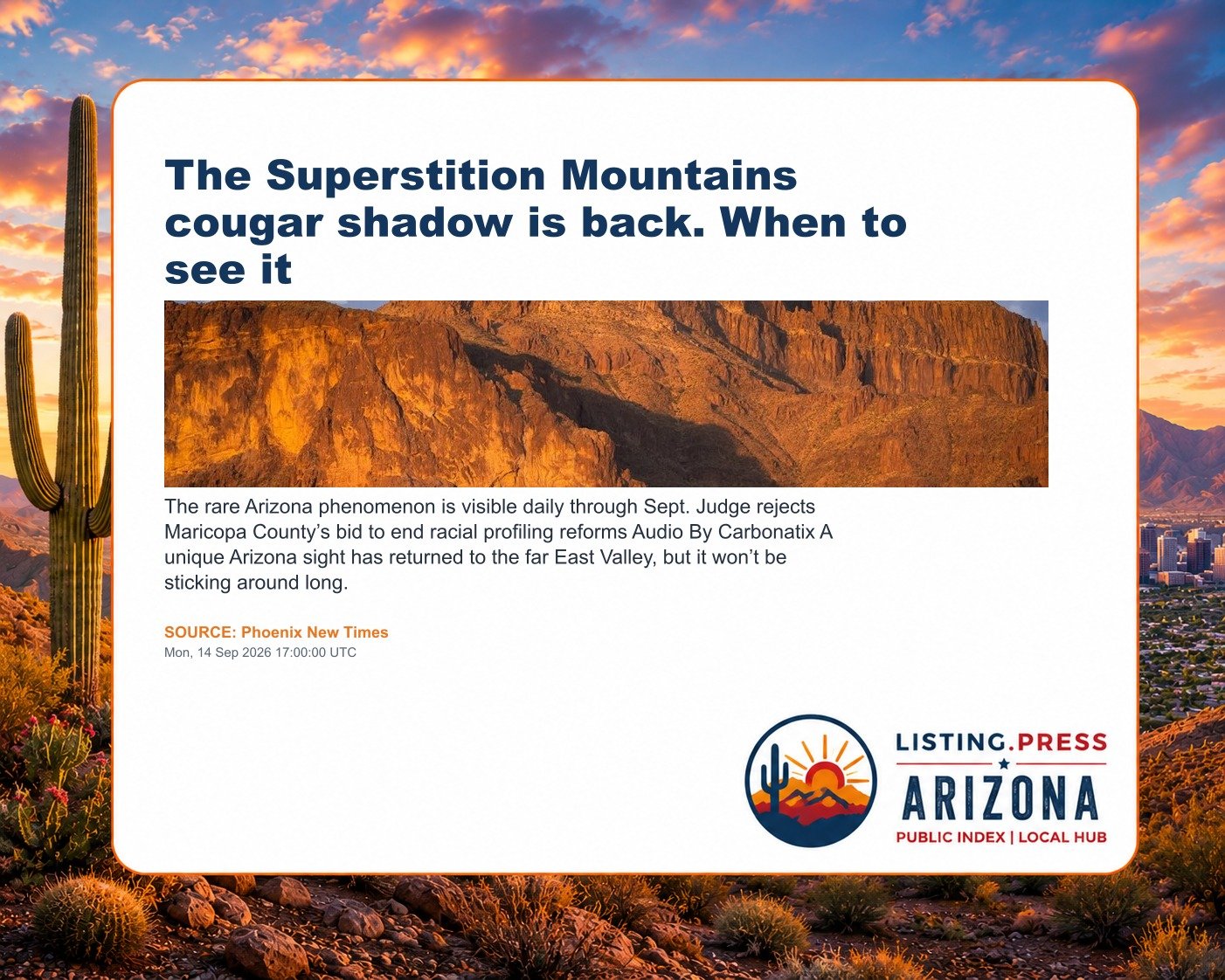 The Superstition Mountains cougar shadow is back. When to see it
