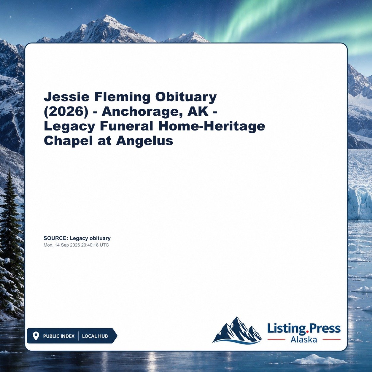 Jessie Fleming Obituary (2026) - Anchorage, AK - Legacy Funeral Home-Heritage Chapel at Angelus