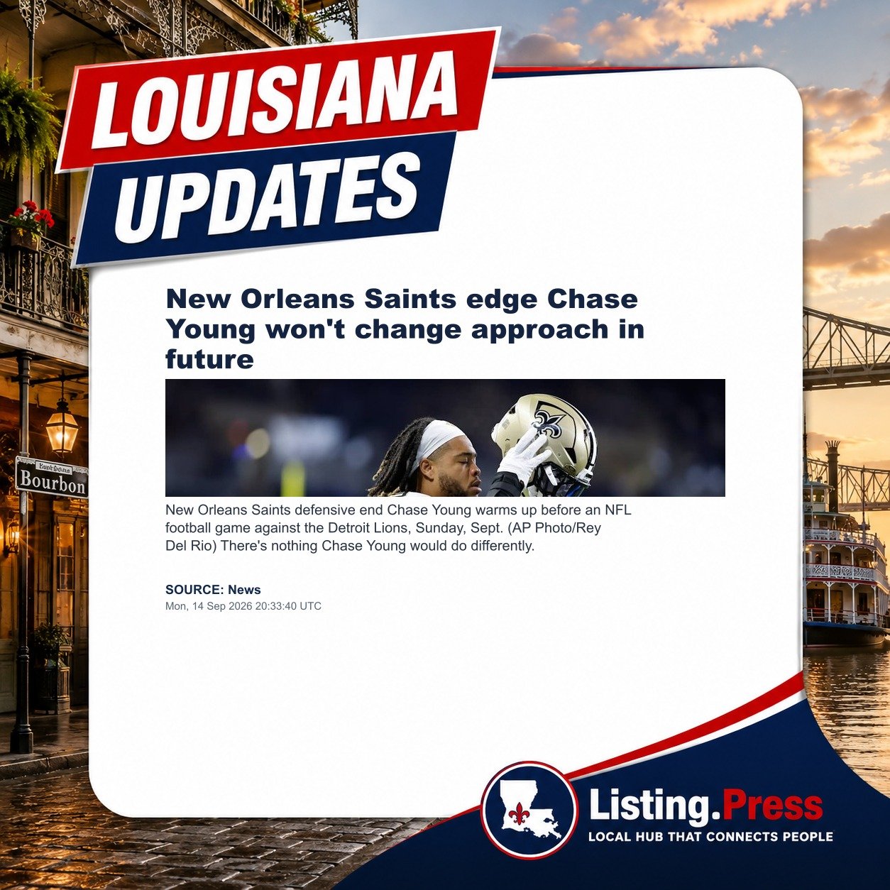 New Orleans Saints edge Chase Young won't change approach in future