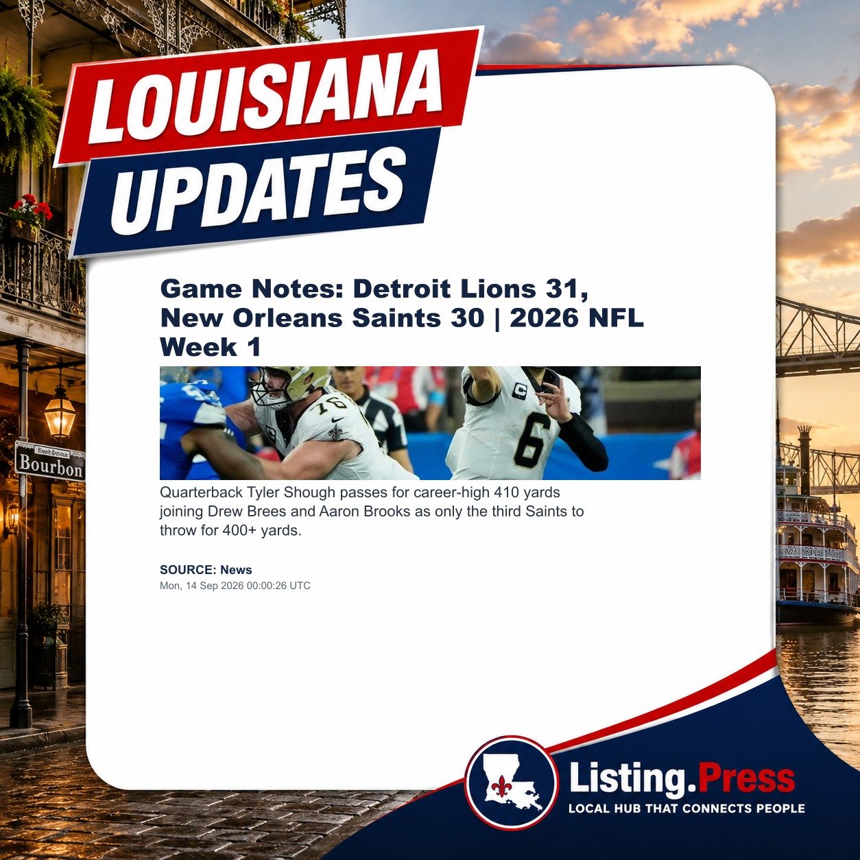 Game Notes: Detroit Lions 31, New Orleans Saints 30 | 2026 NFL Week 1