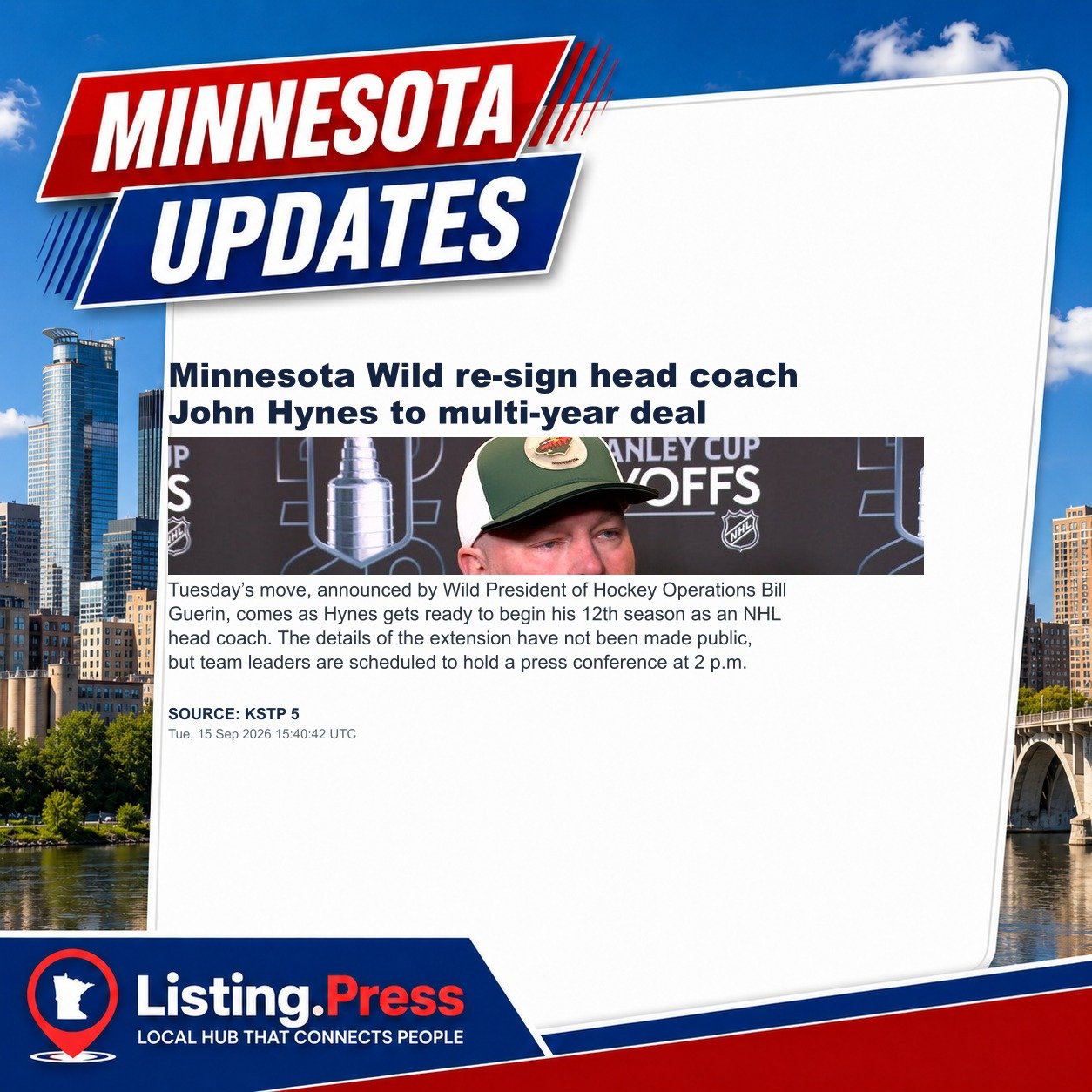 Minnesota Wild re-sign head coach John Hynes to multi-year deal