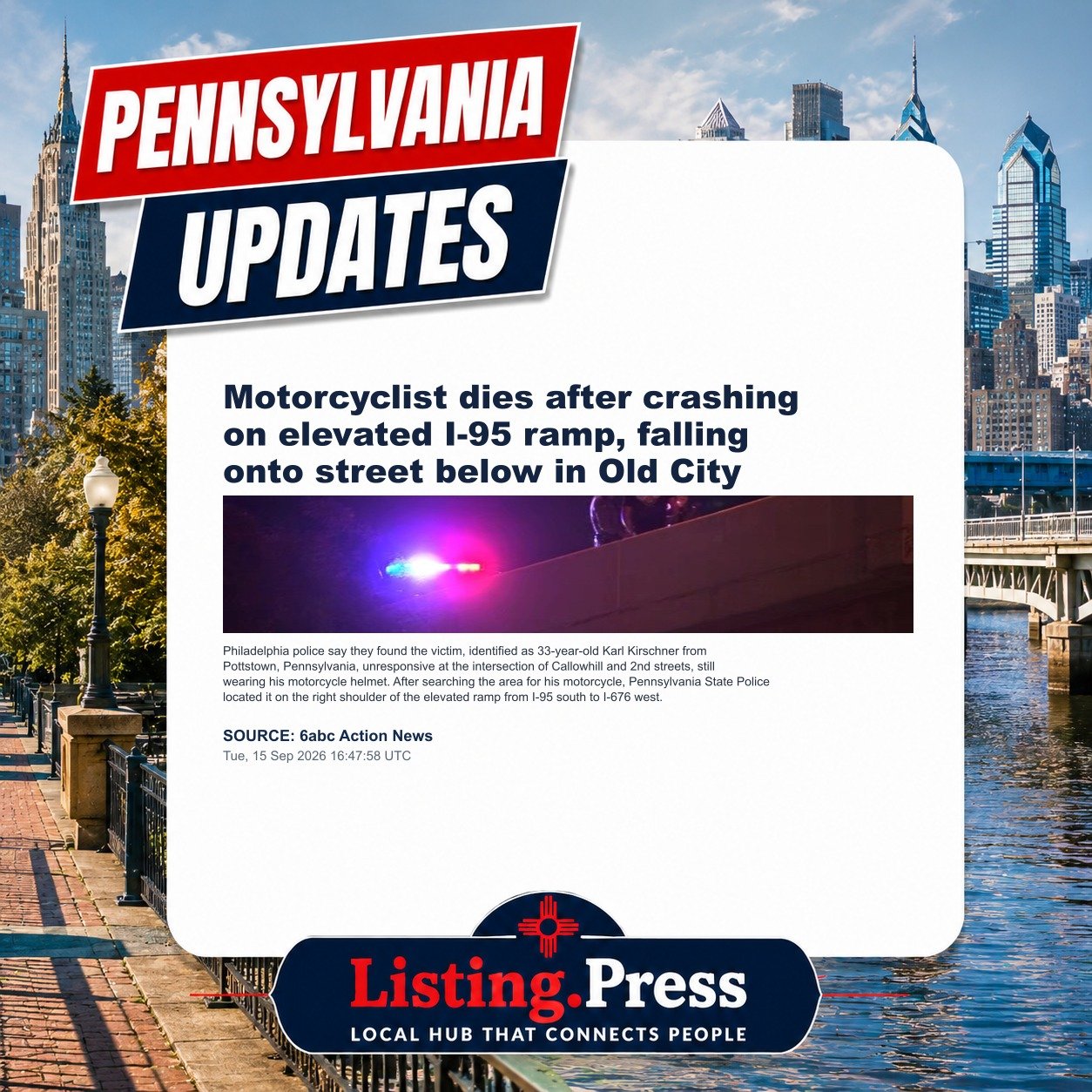 Motorcyclist dies after crashing on elevated I-95 ramp, falling onto street below in Old City