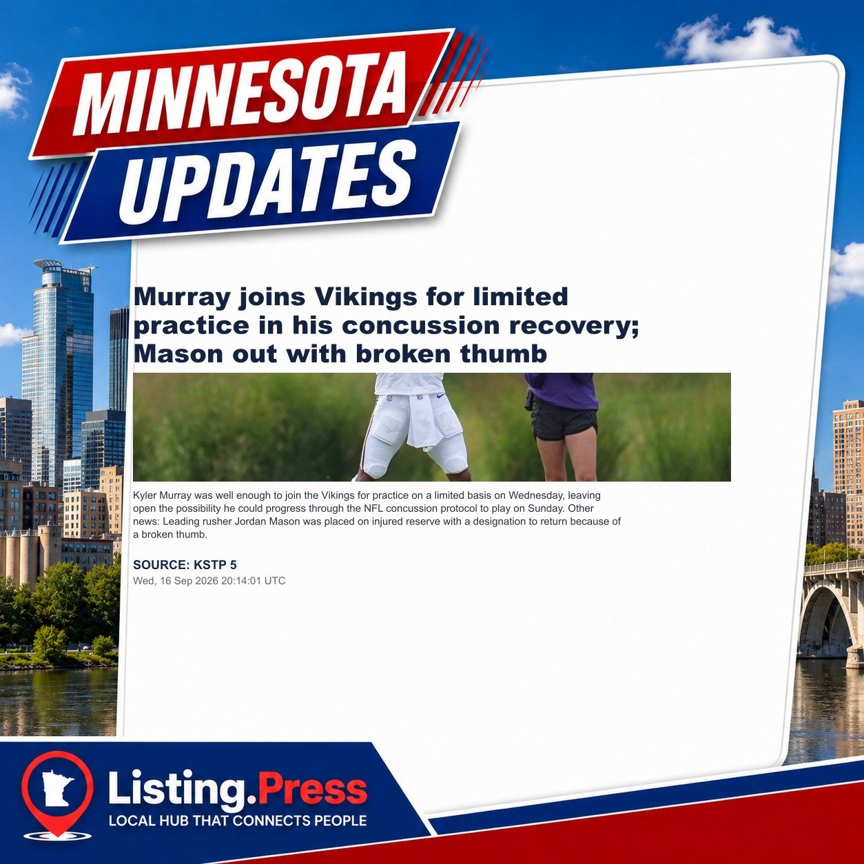 Murray joins Vikings for limited practice in his concussion recovery; Mason out with broken thumb