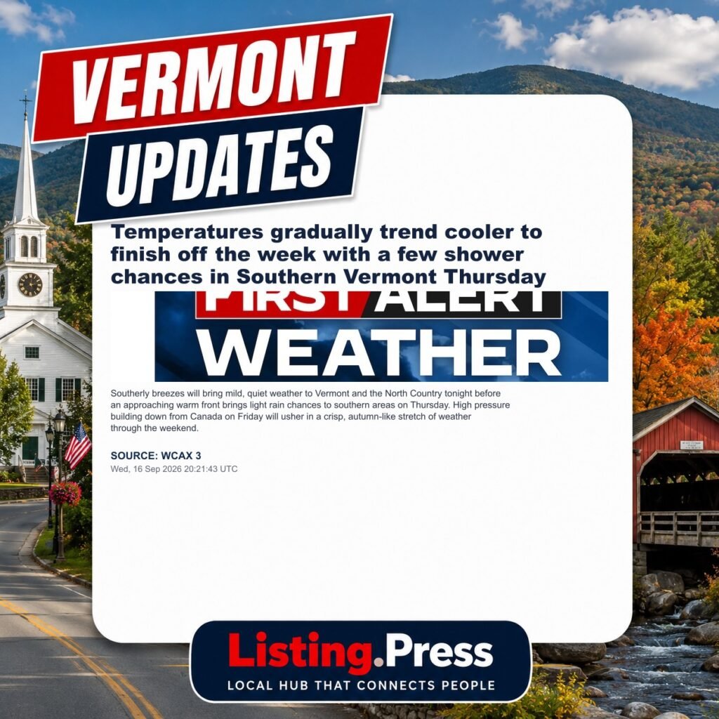 Temperatures gradually trend cooler to finish off the week with a few shower chances in Southern Vermont Thursday