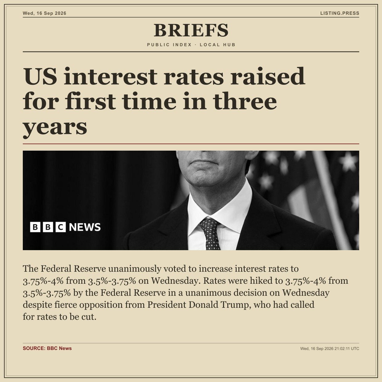 US interest rates raised for first time in three years
