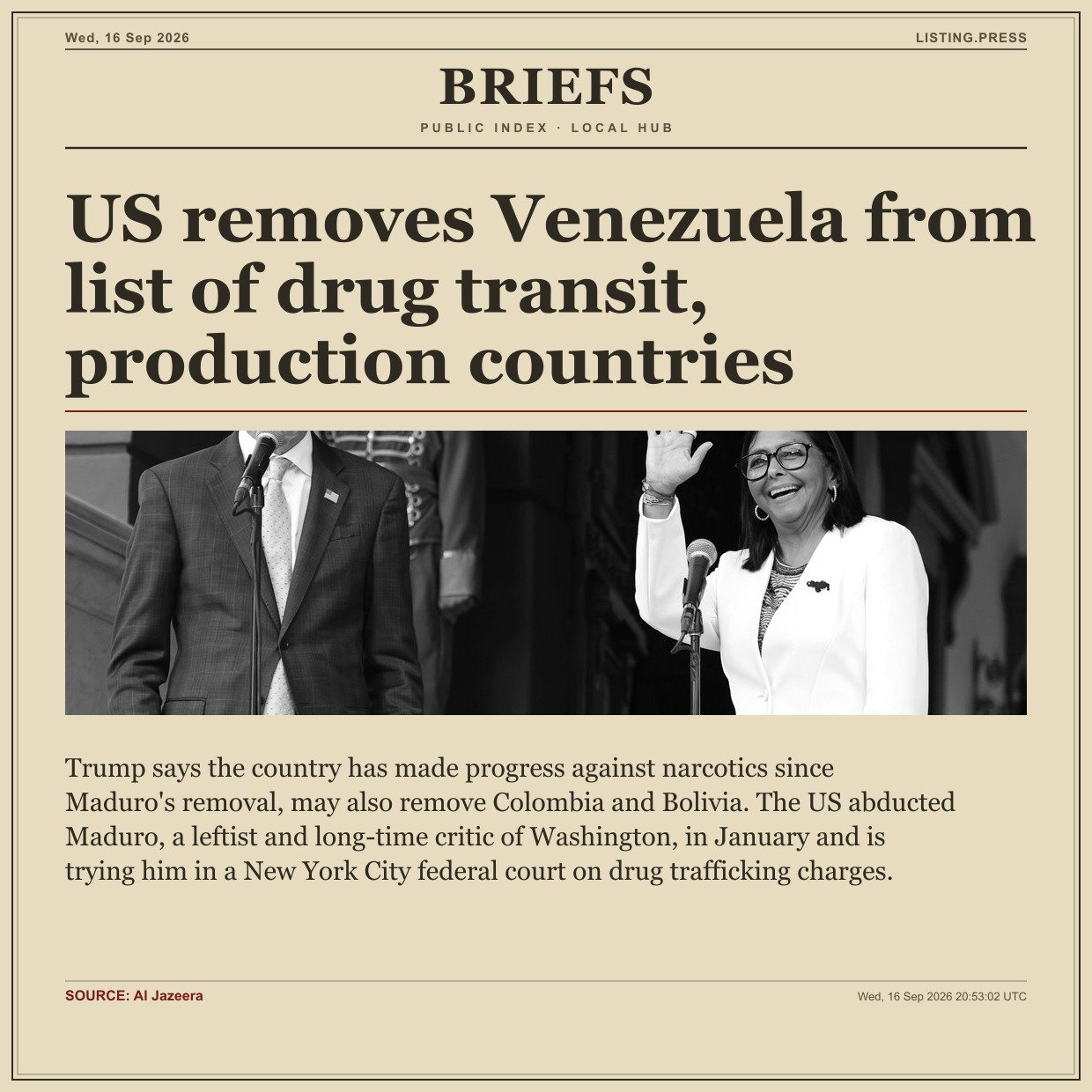 US removes Venezuela from list of drug transit, production countries