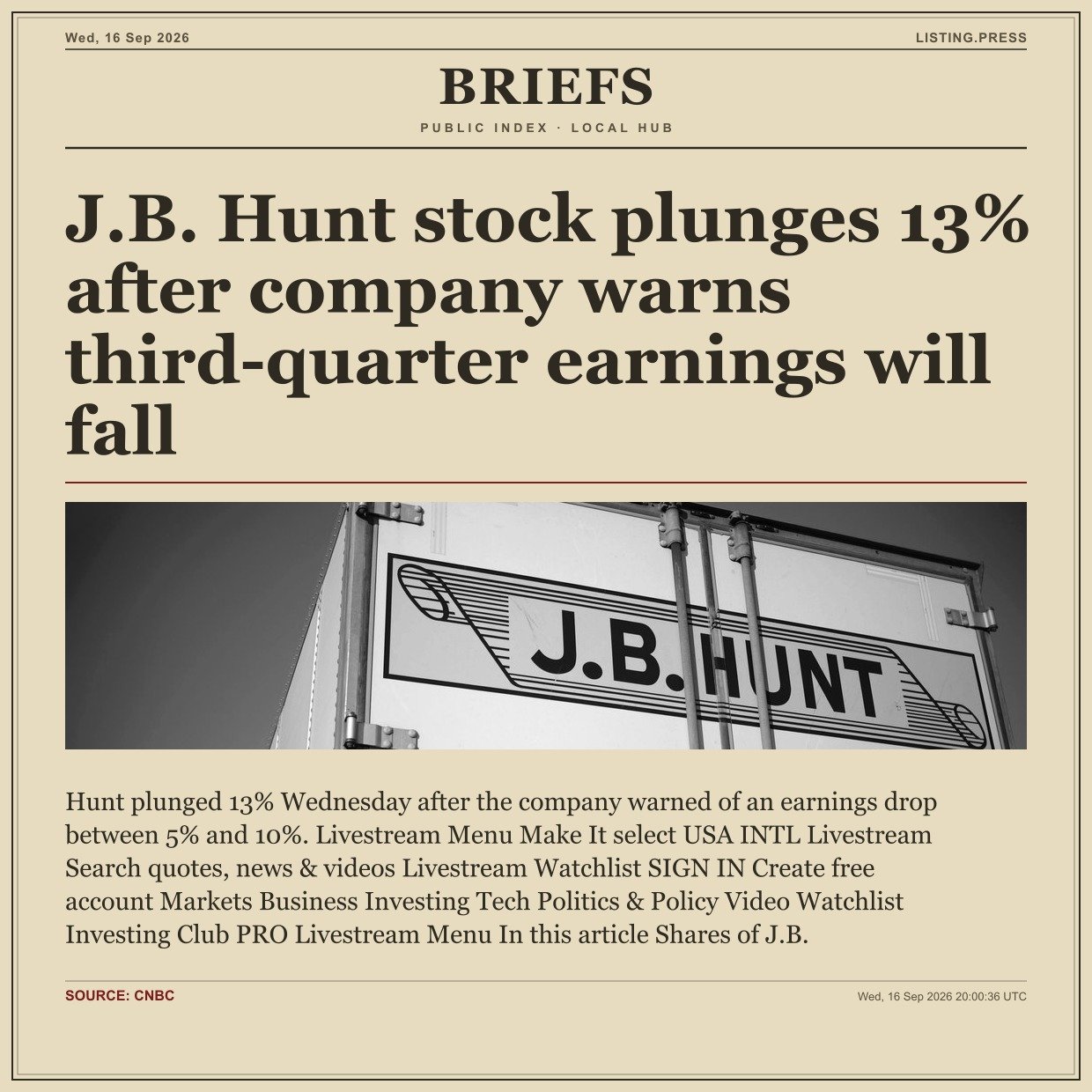 J.B. Hunt stock plunges 13% after company warns third-quarter earnings will fall