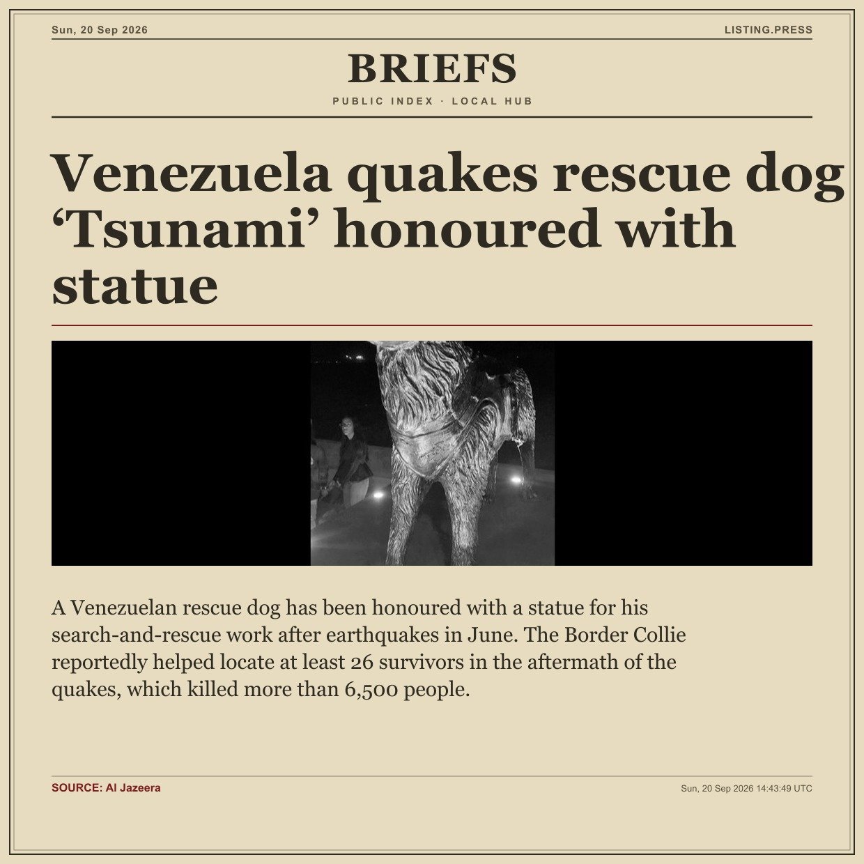 Venezuela quakes rescue dog ‘Tsunami’ honoured with statue