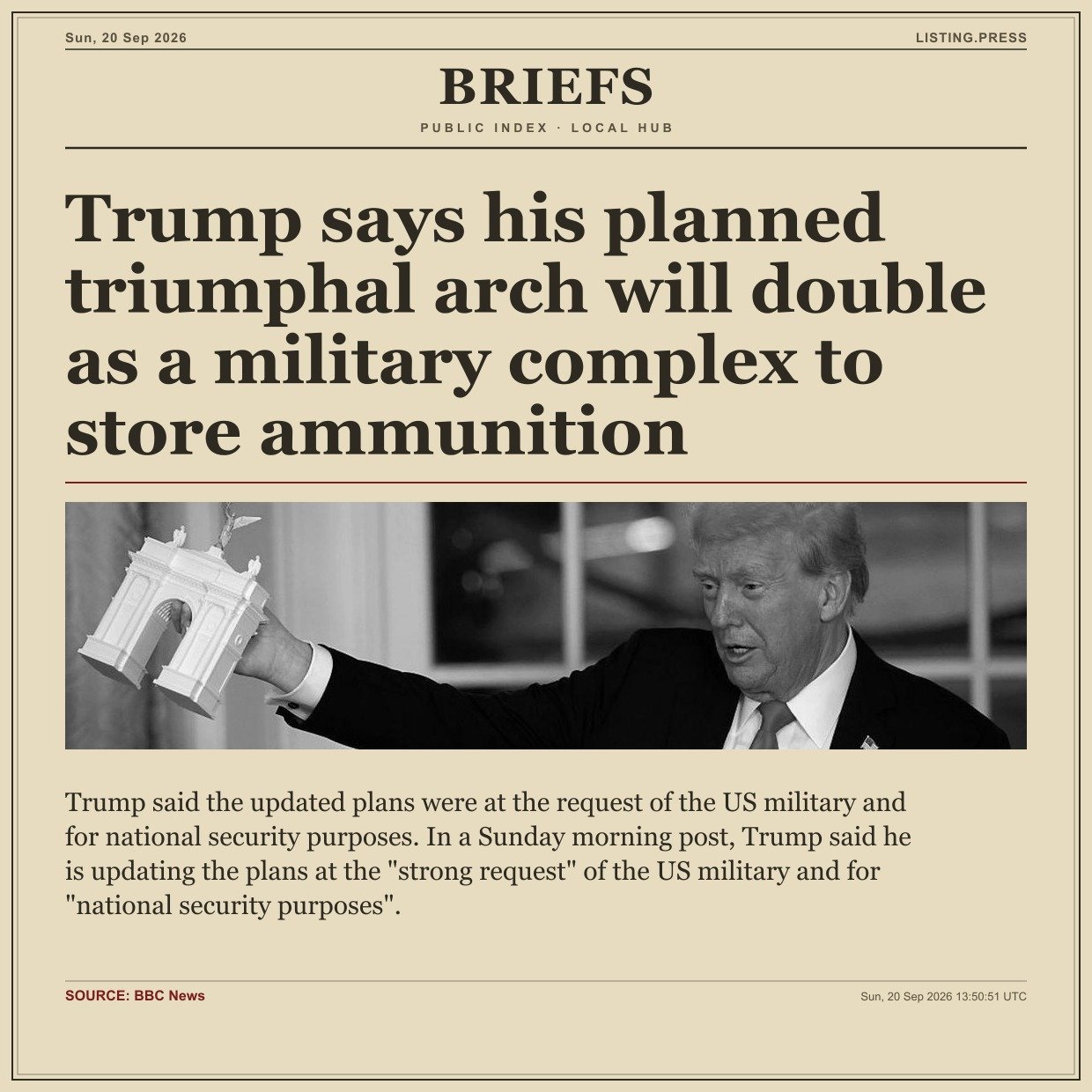 Trump says his planned triumphal arch will double as a military complex to store ammunition