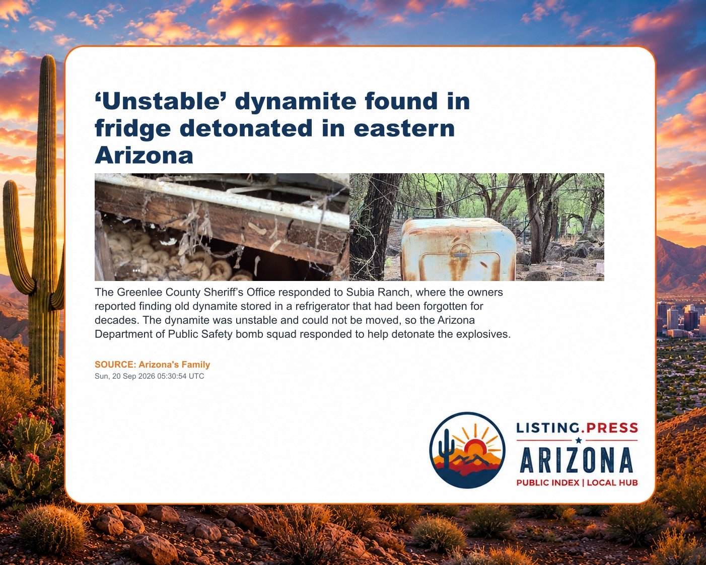 ‘Unstable’ dynamite found in fridge detonated in eastern Arizona