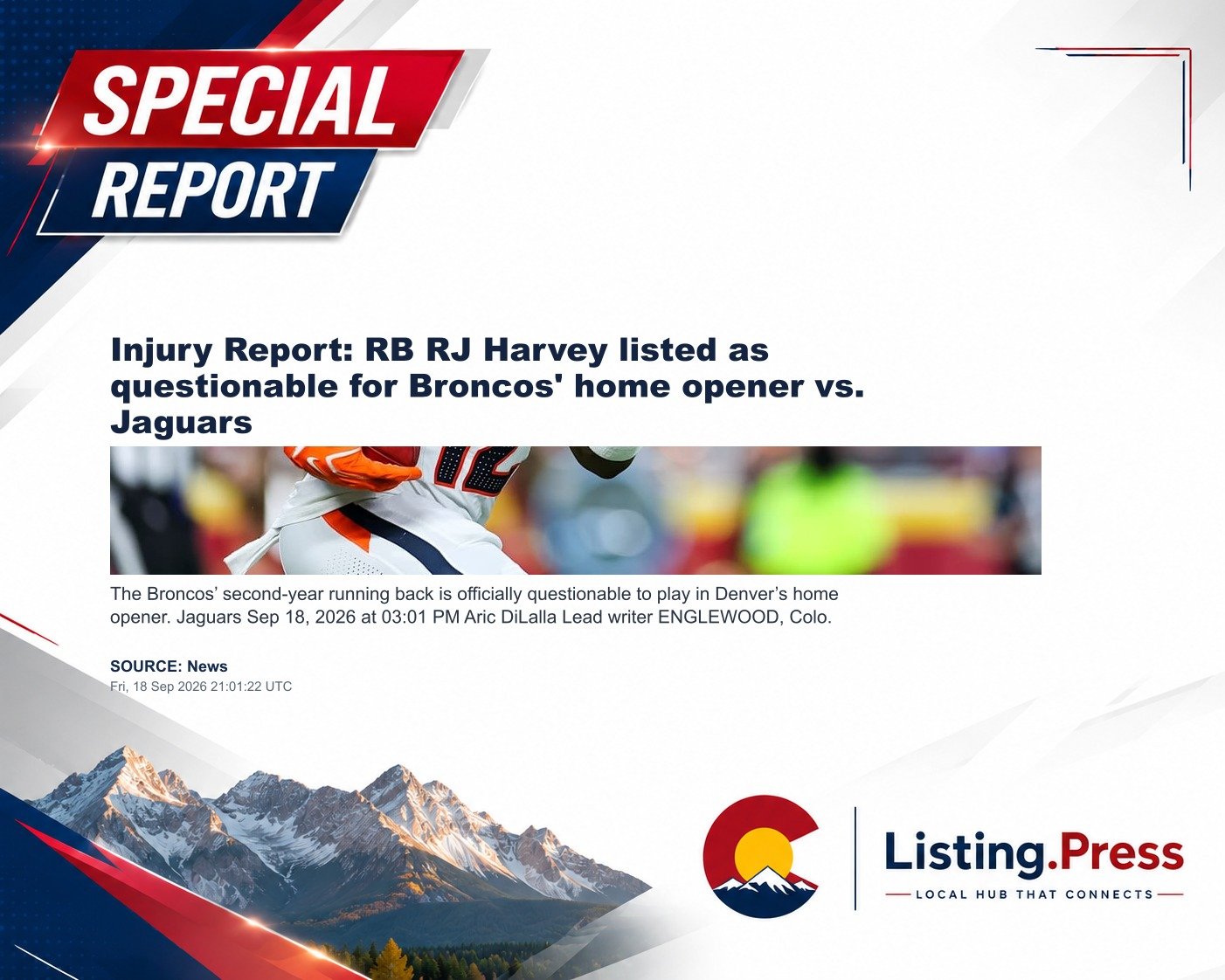 Injury Report: RB RJ Harvey listed as questionable for Broncos' home opener vs. Jaguars