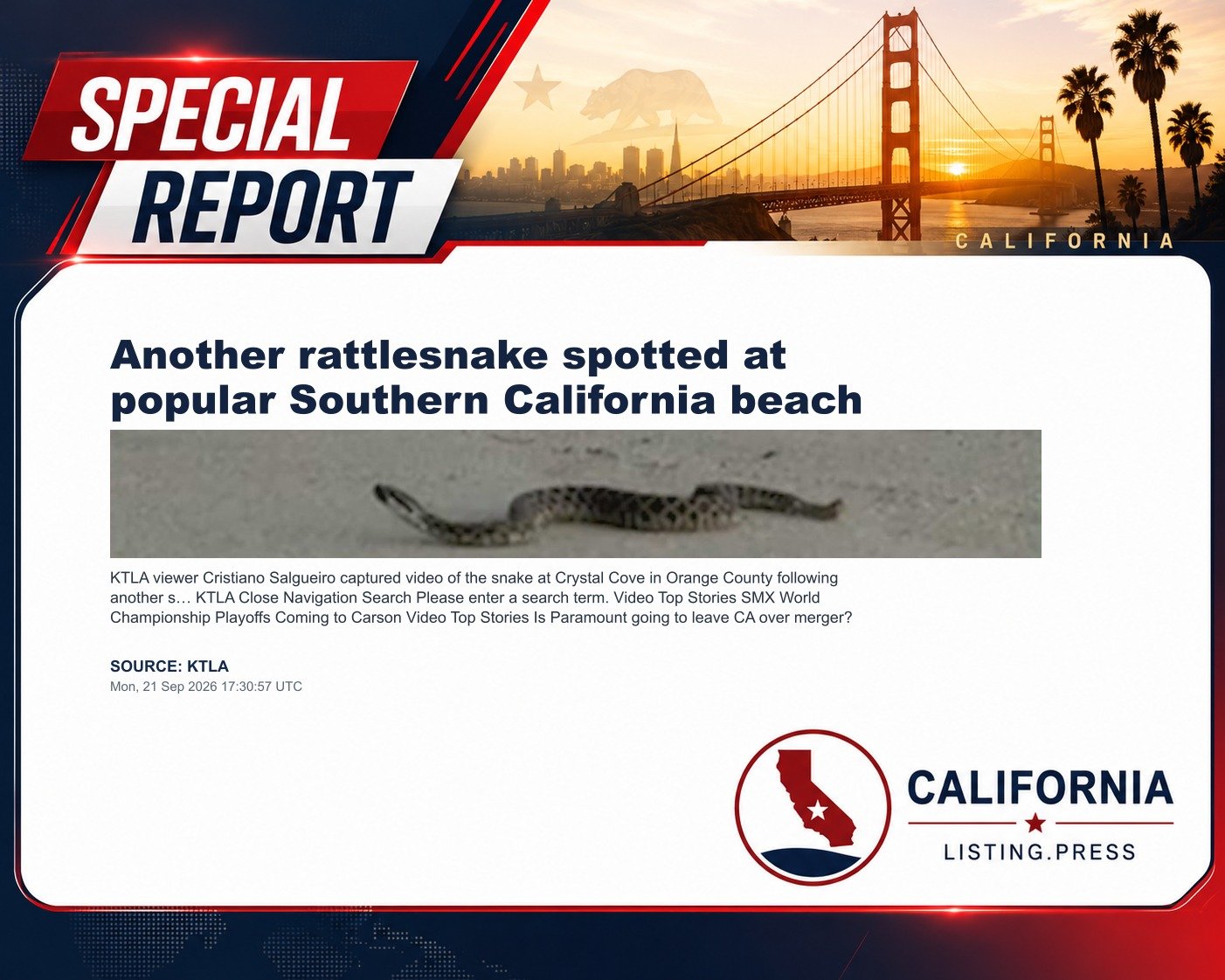 Another rattlesnake spotted at popular Southern California beach