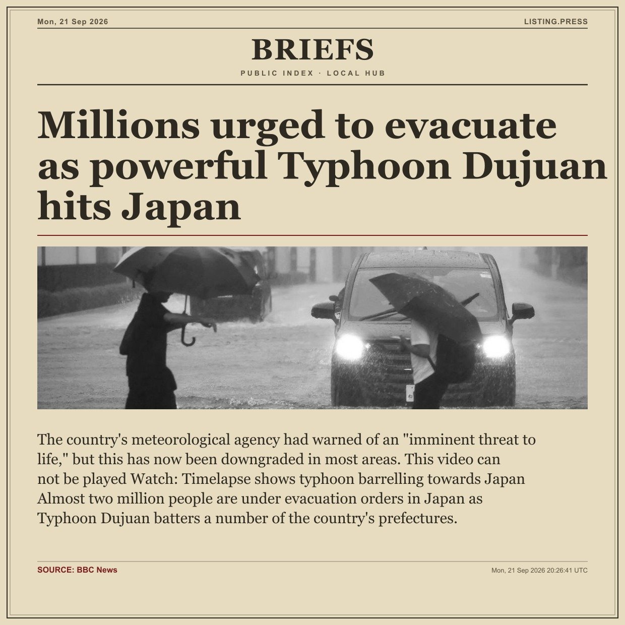 Millions urged to evacuate as powerful Typhoon Dujuan hits Japan
