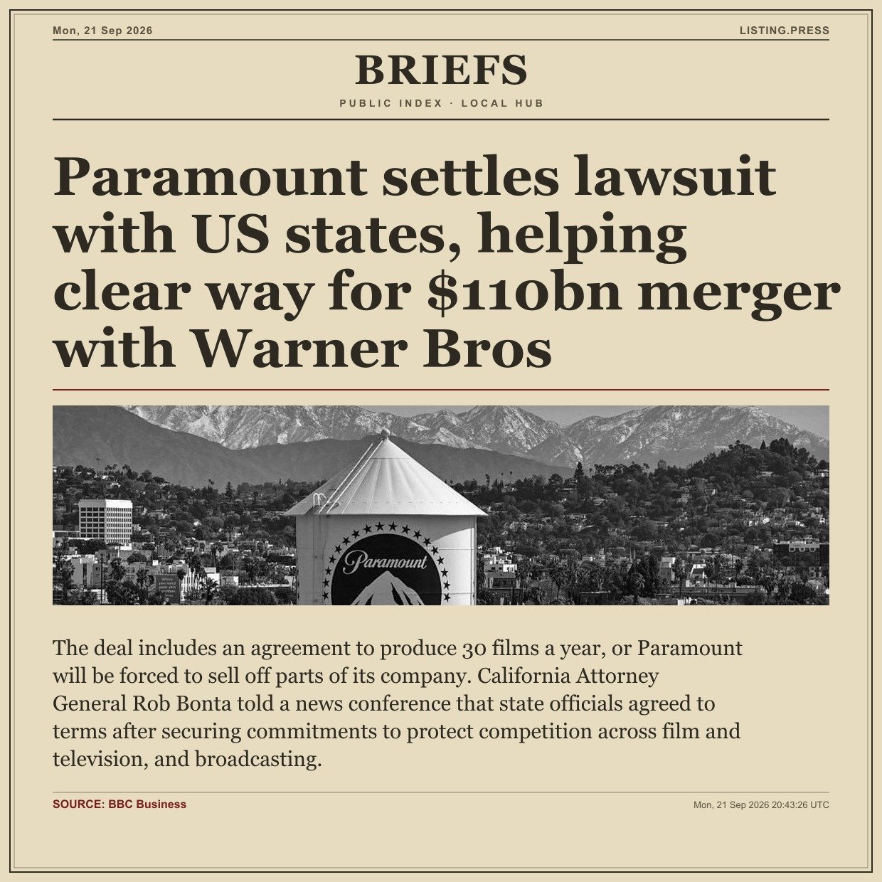 Paramount settles lawsuit with US states, helping clear way for $110bn merger with Warner Bros