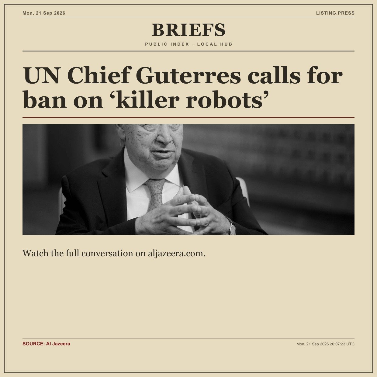 UN Chief Guterres calls for ban on ‘killer robots’
