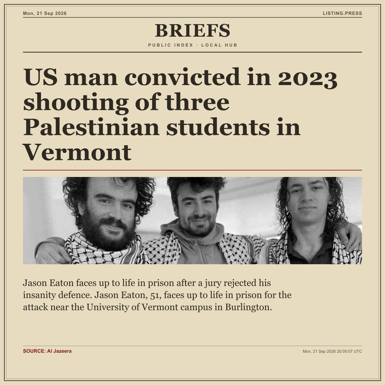 US man convicted in 2023 shooting of three Palestinian students in Vermont