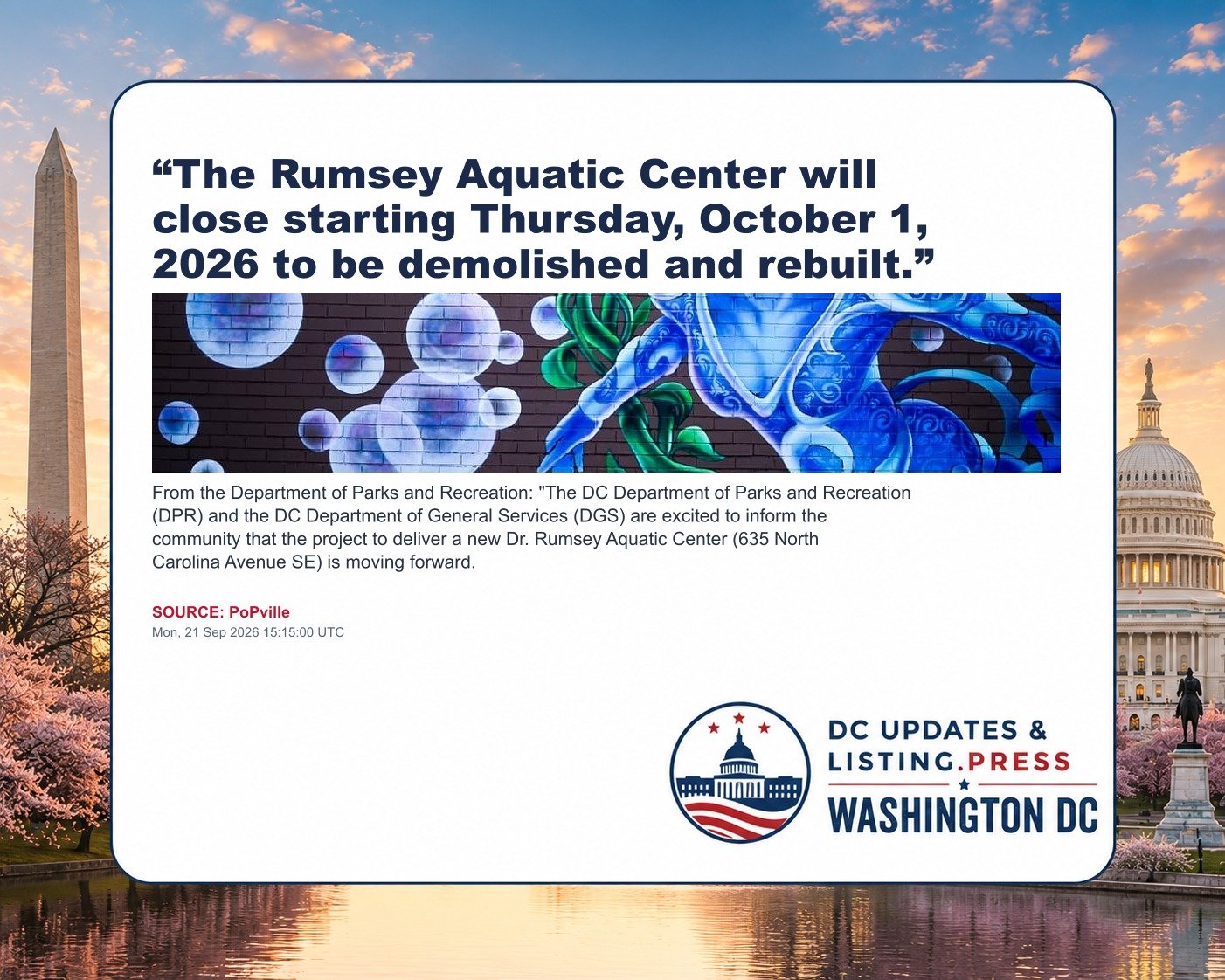 “The Rumsey Aquatic Center will close starting Thursday, October 1, 2026 to be demolished and rebuilt.”