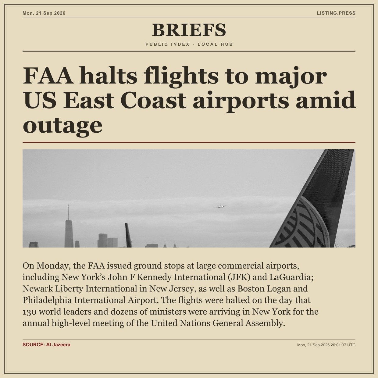 FAA halts flights to major US East Coast airports amid outage