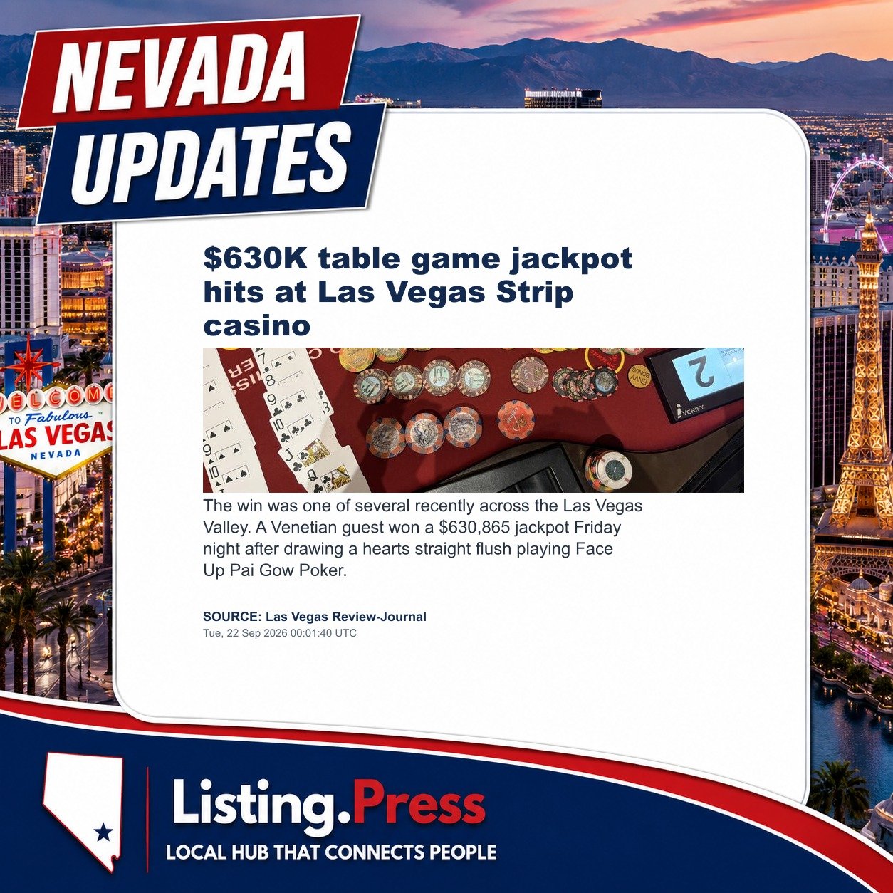 $630K table game jackpot hits at Las Vegas Strip casino
