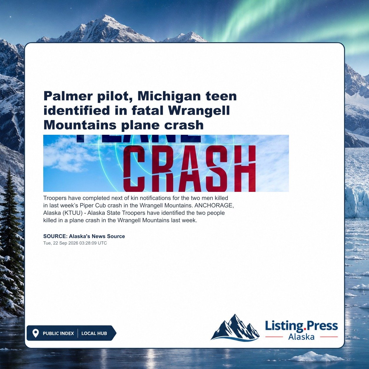 Palmer pilot, Michigan teen identified in fatal Wrangell Mountains plane crash