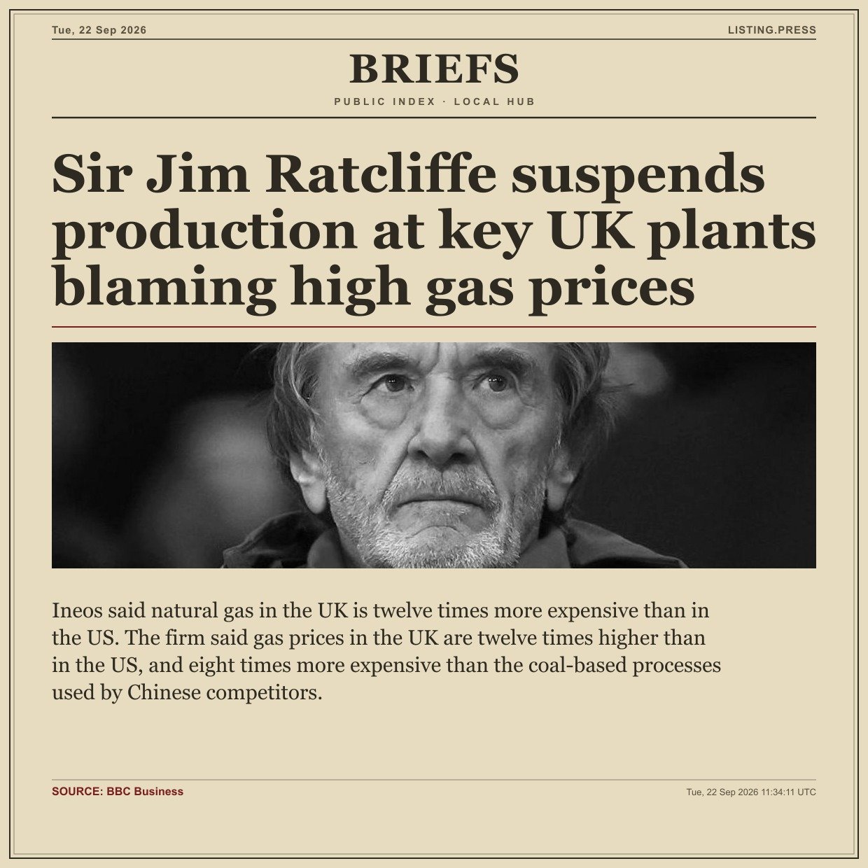 Sir Jim Ratcliffe suspends production at key UK plants blaming high gas prices