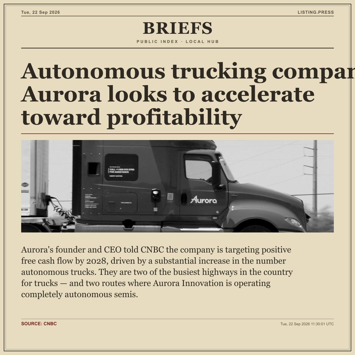 Autonomous trucking company Aurora looks to accelerate toward profitability