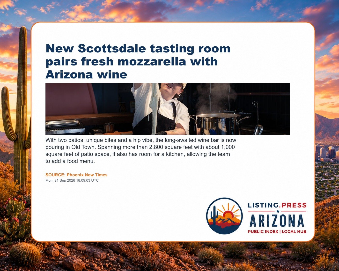 New Scottsdale tasting room pairs fresh mozzarella with Arizona wine