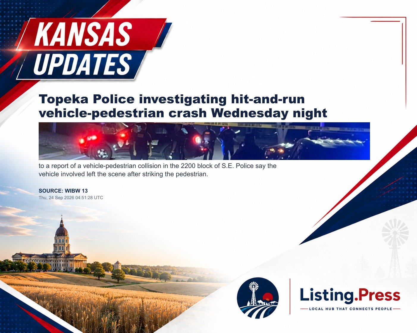 Topeka Police investigating hit-and-run vehicle-pedestrian crash Wednesday night