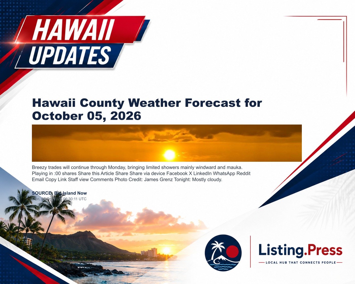 Hawaii County Weather Forecast for October 05, 2026