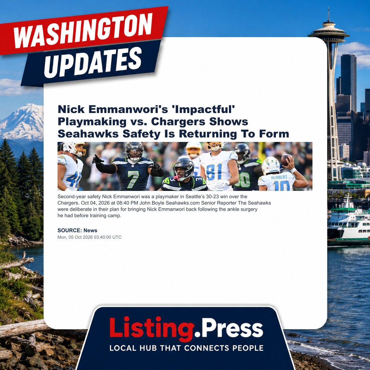 Nick Emmanwori's 'Impactful' Playmaking vs. Chargers Shows Seahawks Safety Is Returning To Form