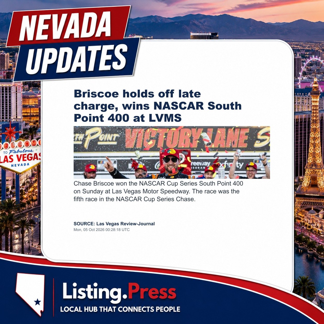 Briscoe holds off late charge, wins NASCAR South Point 400 at LVMS