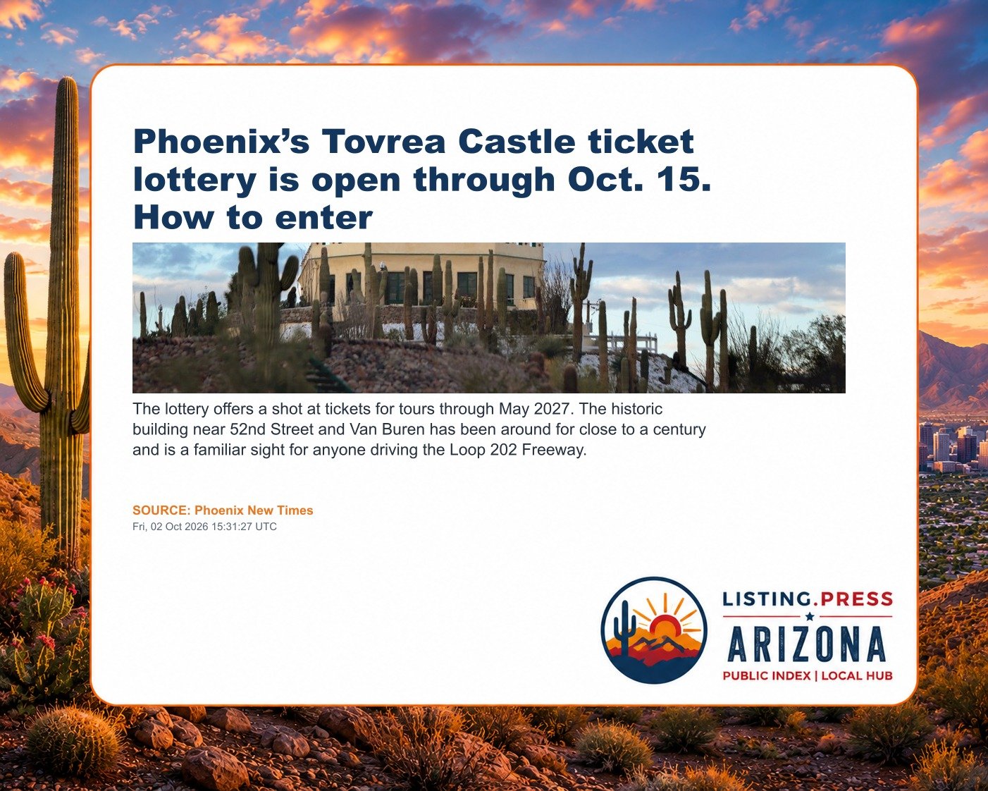 Phoenix’s Tovrea Castle ticket lottery is open through Oct. 15. How to enter