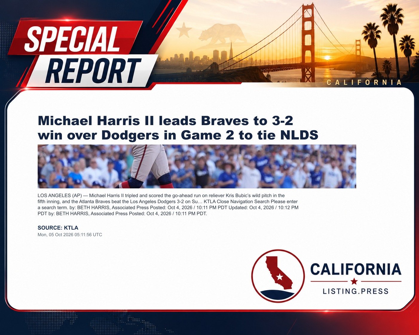 Michael Harris II leads Braves to 3-2 win over Dodgers in Game 2 to tie NLDS