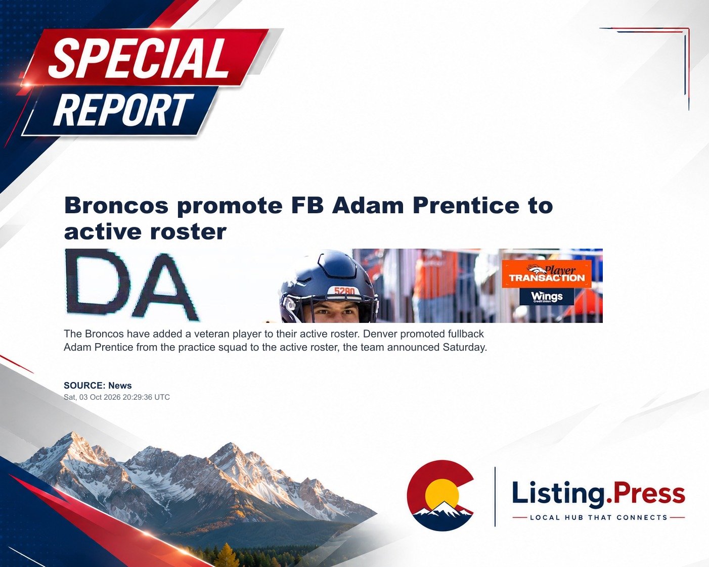 Broncos promote FB Adam Prentice to active roster