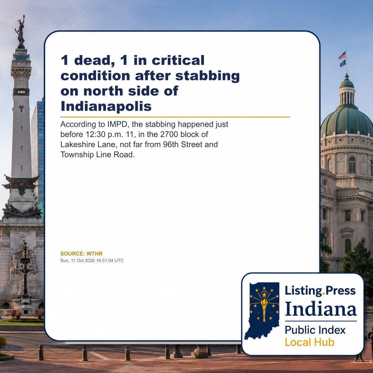 1 dead, 1 in critical condition after stabbing on north side of Indianapolis