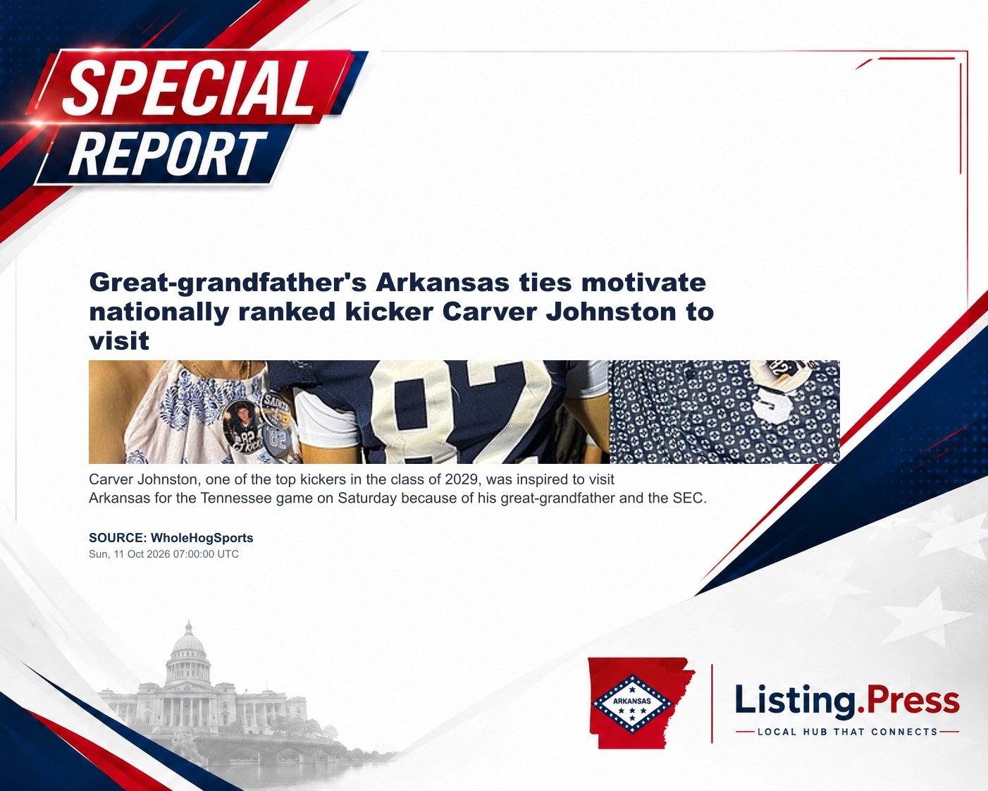 Great-grandfather's Arkansas ties motivate nationally ranked kicker Carver Johnston to visit