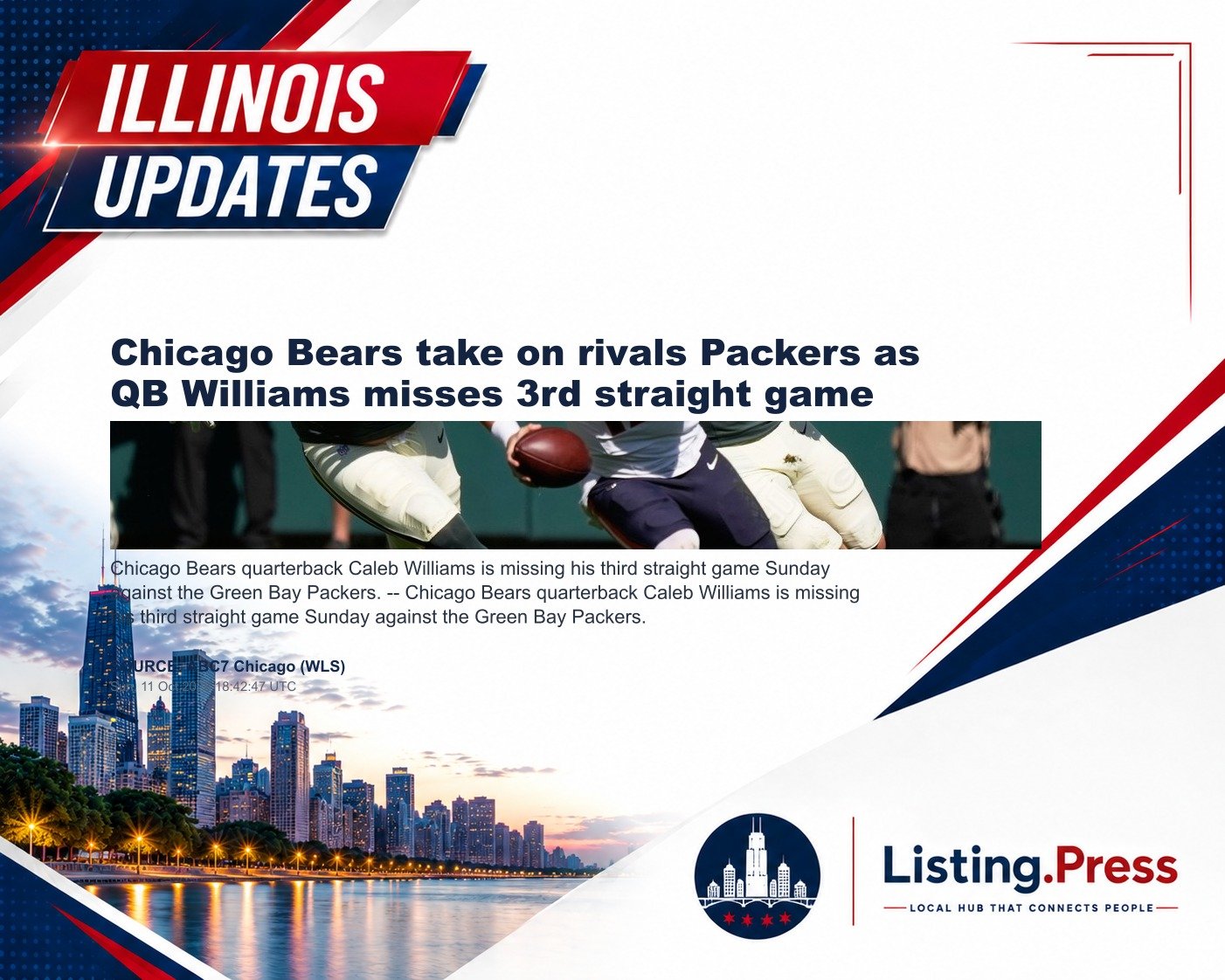 Chicago Bears take on rivals Packers as QB Williams misses 3rd straight game
