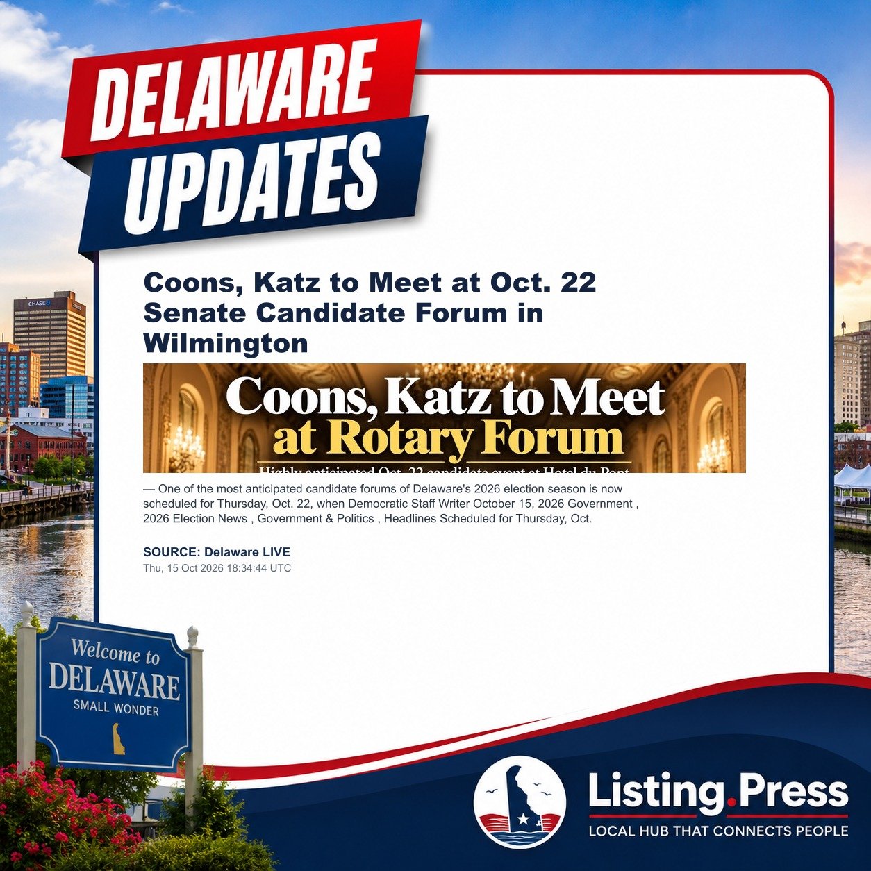 Coons, Katz to Meet at Oct. 22 Senate Candidate Forum in Wilmington