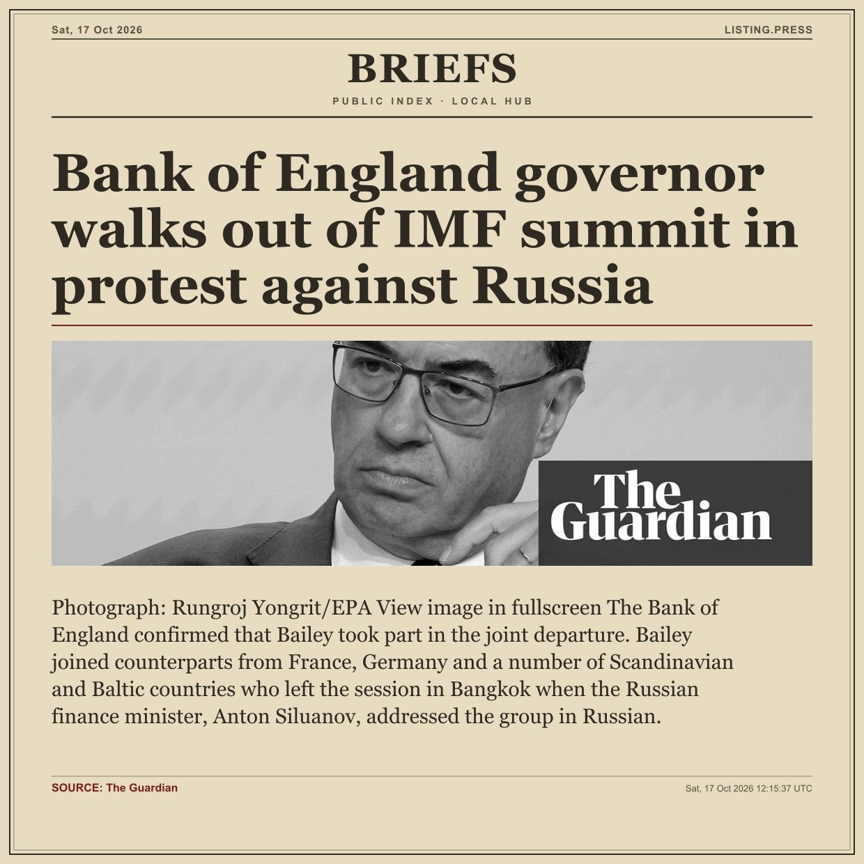 Bank of England governor walks out of IMF summit in protest against Russia
